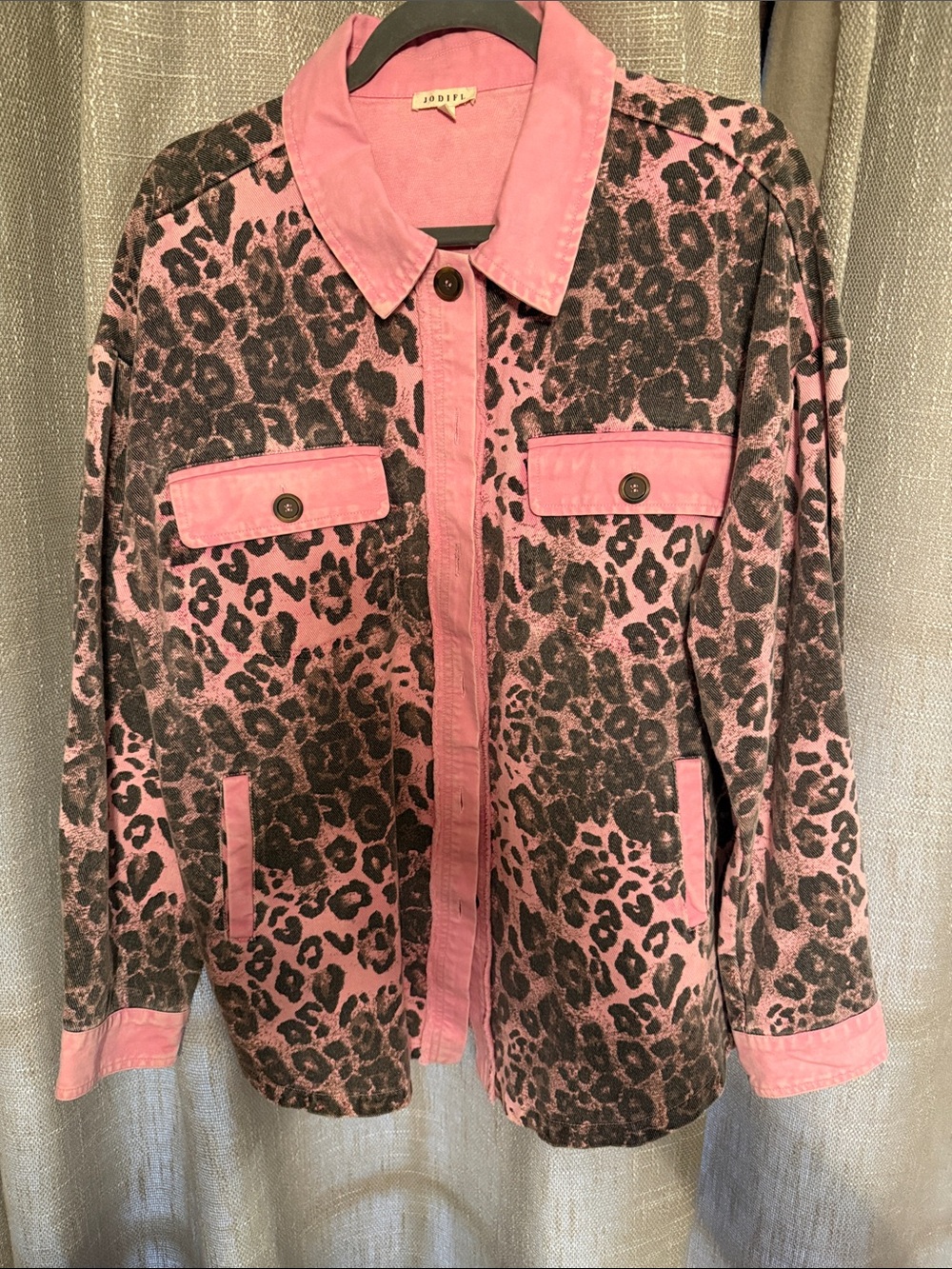JODIFL Pink and Black Leopard Print Jean Jacket